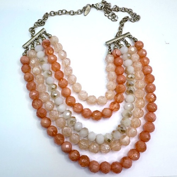 Beaded Statement Necklace - Orange,‎ White, Gold - Multi Strand Bib - Picture 1 of 11